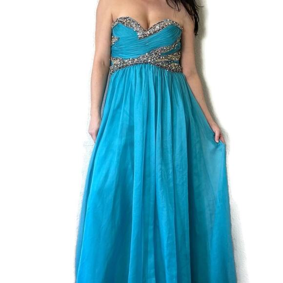 Sherri Hill Turquoise Blue Strapless Rhinestone Gown Plus Size 16 - Picture 1 of 8
